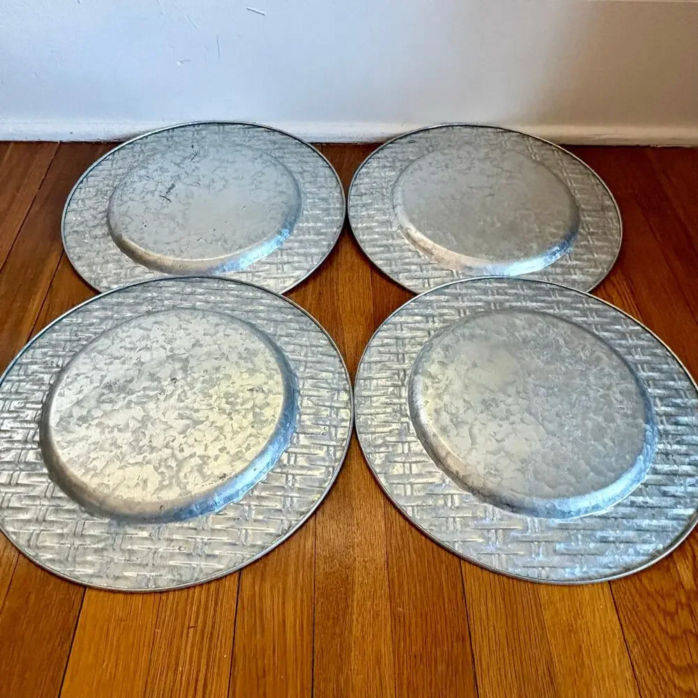 Vintage Galvanized Metal Charger Plates Set of 4, 13 Inch Industrial Table Decor